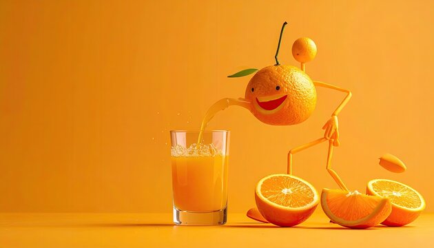 A cheerful orange character pours juice into a glass against a vibrant orange backdrop.  Orange slices playfully surround the base