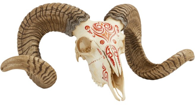 Ram skull with tribal markings isolated on transparent background, decorative animal skull for gothic and occult design