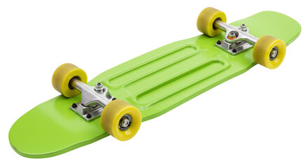Green penny board isolated on transparent background, retro skateboard with yellow wheels for street cruising and recreation © Hans