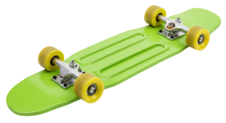 Green penny board isolated on transparent background, retro skateboard with yellow wheels for street cruising and recreation