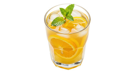 Refreshing orange lemonade with ice and mint isolated, summer citrus drink for healthy lifestyle and beverage concepts