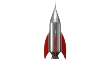 Retro silver rocket ship isolated, vintage space travel concept on transparent background, 3D rendering in PNG format