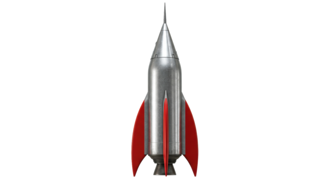 Retro silver rocket ship isolated, vintage space travel concept on transparent background, 3D rendering in PNG format