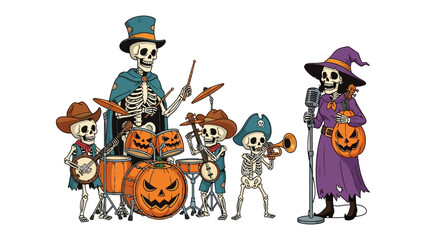 Skeleton Band and Singer for Halloween Fun: A whimsical illustration depicts a skeleton family dressed for Halloween, with skeletons playing instruments and a skeleton witch singing into a microphone.