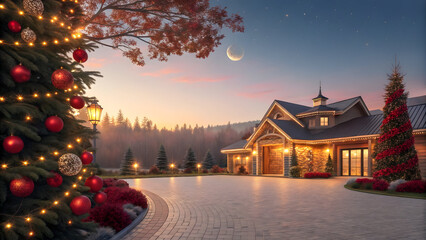Fototapeta premium Luxurious Home with Christmas Tree and Festive Lights at Twilight Keywords: home, house, luxury, mansion, estate, christmas, holiday, tree, Full HD 4K Video Download 2025 2026
