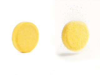 Yellow effervescent tablet before and during dissolution in water on white background, illustrating medical or vitamin supplement concept for pharmaceutical or healthcare use