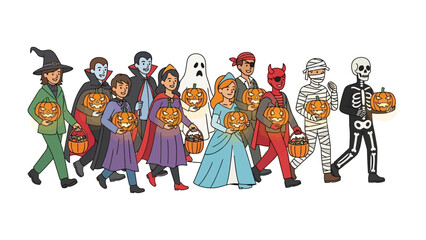 Halloween Costume Parade: A vibrant procession of diverse figures, each donned in creative costumes and holding illuminated jack-o'-lanterns, embodies the spirit of Halloween.