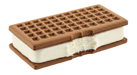 Rectangular ice cream sandwich with waffle biscuits isolated, frozen dessert treat for summer refreshment on no background