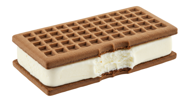 Rectangular ice cream sandwich with waffle biscuits isolated, frozen dessert treat for summer refreshment on no background