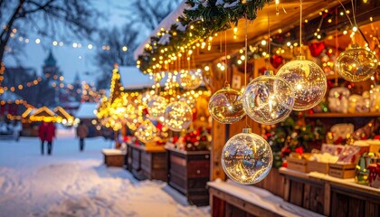 Christmas Market Stall with Hanging Glass Ornaments and Festive Lights