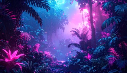 Mesmerizing digital illustration showcases a vibrant, luminous jungle scene illuminated by electric, neon-colored light, featuring rich shades of purple, blue, and magenta, evoking a mysterious,...