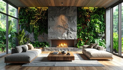 The interior presents a living room with a cozy fireplace, flanked by lush vertical gardens, offering an inviting space.