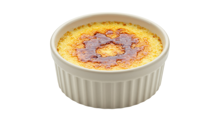 Crème brûlée in a ramekin isolated on transparent background, classic French dessert with caramelized sugar crust, custard treat