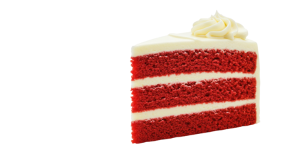Delicious red velvet cake slice isolated on transparent background, sweet dessert with cream cheese frosting for bakery and patisserie