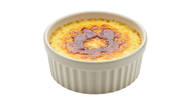 Crème brûlée in a ramekin isolated on transparent background, classic French dessert with caramelized sugar crust, custard treat