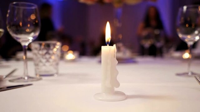 A single elegant white candle burns brightly on a formally set table creating a romantic and sophisticated atmosphere at a dinner party or wedding reception.