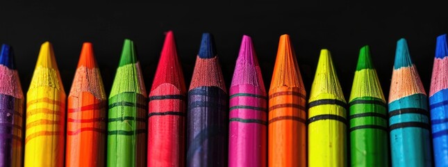 A close-up shot of vibrant colored pencils arranged in a row against a stark black backdrop, showcasing their sharpened tips and distinct color bands