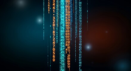 Digital Data Stream with Binary Code and Glowing Elements in Dark Background