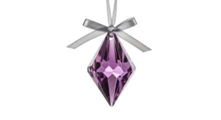 Purple crystal diamond isolated, hanging ornament with silver ribbon on transparent background, festive decoration for Christmas and New Year