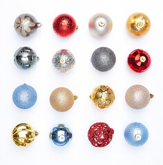 A collection of colorful Christmas ornaments arranged in a grid.