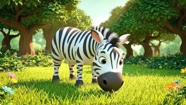 a serene cartoon zebra peacefully grazing in forest