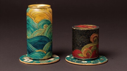 Hand-painted metal containers with intricate wave patterns.