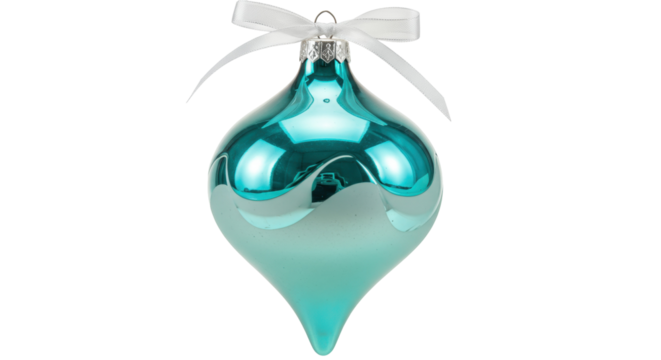 Teal teardrop Christmas ornament isolated, holiday decoration with white ribbon on a clean background for festive design projects