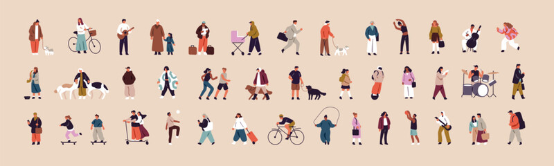 Obraz na płótnie Canvas Set of tiny people walking outdoors. Children are skateboarding, characters go with their dogs on street. Men and women ride bikes, play music, have fun in city. Flat isolated vector illustrations.