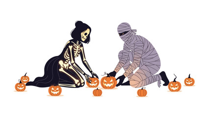Spooky Halloween Carving:  Two costumed figures, a skeleton and a mummy, intricately carve smiling jack-o'-lanterns for Halloween festivities. A playful illustration.