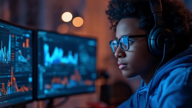 Young individual analyzing data on multiple computer screens in a dimly lit workspace