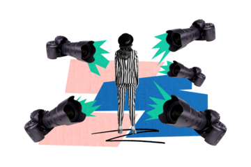 Composite trend artwork sketch image collage of camera shooting journalist photographer miniature young lady model posing stand catwalk