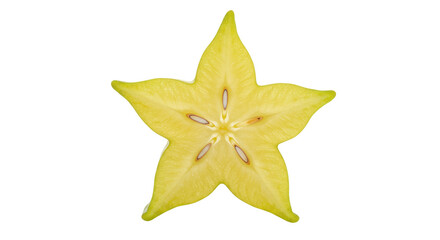 Fototapeta premium Yellow star fruit slice isolated PNG, tropical carambola fruit with seeds on transparent background for healthy eating and exotic food concepts
