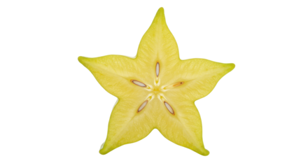 Yellow star fruit slice isolated PNG, tropical carambola fruit with seeds on transparent background for healthy eating and exotic food concepts