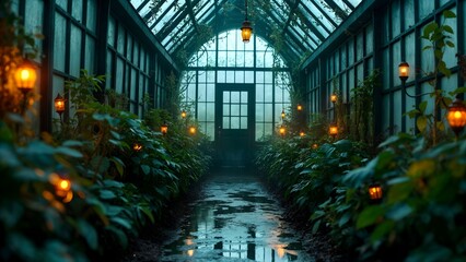 Mysterious Haunted Greenhouse with Neon Vegetation