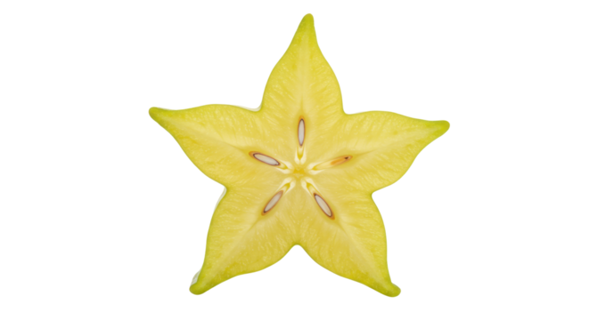 Yellow star fruit slice isolated PNG, tropical carambola fruit with seeds on transparent background for healthy eating and exotic food concepts