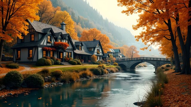 Charming Riverside Village in Autumn