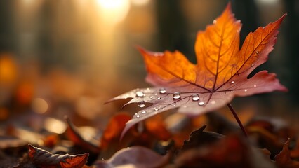 Macro Dewdrops on Autumn Leaf
