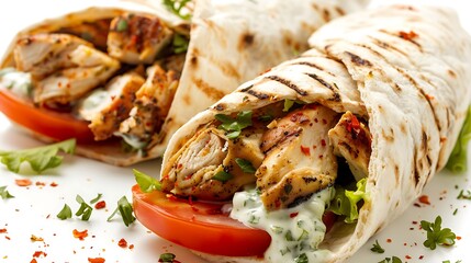 Close up of grilled chicken wraps with tomato and sauce served on a white surface ready to eat