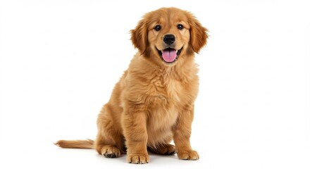 Cachorro golden retriever posando alegremente bajo luz suave de estudio su pelaje brillante destaca sobre fondo blanco puro