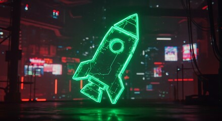 Vibrant Neon Rocket Outline in a Dark, Futuristic Digital Environment, Symbolizing Innovation and High-Tech Progress