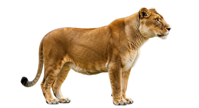 Majestic lioness isolated PNG, powerful feline predator with tawny fur on transparent background, wildlife animal for design and educational use