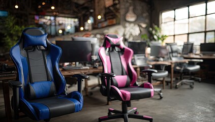 Fototapeta premium Two vibrant gaming chairs, blue and pink, occupy a stylish workspace, showcasing modern design and ergonomic comfort.