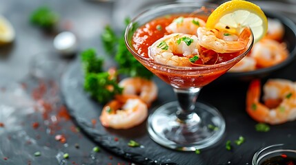 Close up of shrimp cocktail in a glass with lemon garnish and parsley on a slate serving board