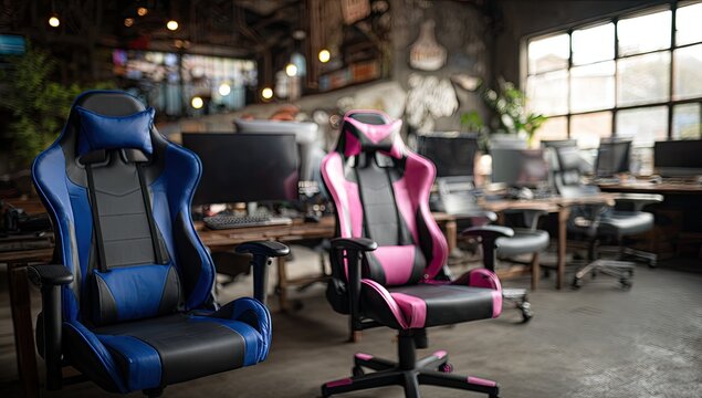 Two vibrant gaming chairs, blue and pink, occupy a stylish workspace, showcasing modern design and ergonomic comfort.