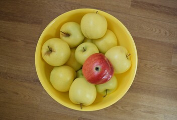 A large yellow plastic container filled with ripe apples of various varieties. Among the yellow...