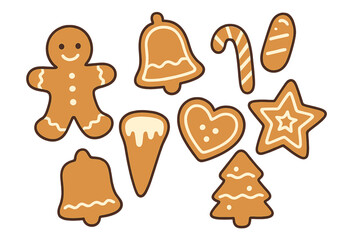Christmas gingerbread cookie set for holiday decoration. Cute hand-drawn flat vector clipart of ginger bread man, star, heart, bell, tree and candy cane for festive design.