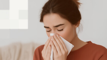 Sick Woman Blowing Nose With Tissue Paper