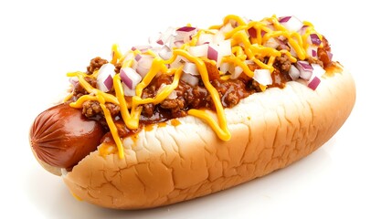 A close up shot of a hot dog with chili, cheese and onions on a white background in a studio shot