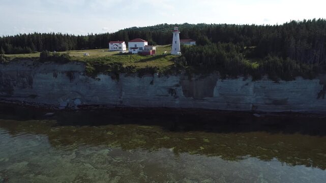 Cliffs, Lighthouse, and Vast Forests overlook the Blue Waters at Pointe Carleton on Anticosti Island, where Coastline, Horizon, and Wilderness create a Majestic, Remote, and Scenic Panorama