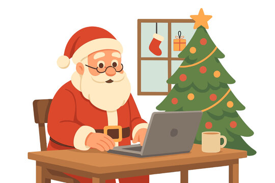 Modern Santa Claus working on laptop at home office desk. Father Christmas online communication, checking email. Winter holiday concept with Xmas tree. Flat vector illustration.